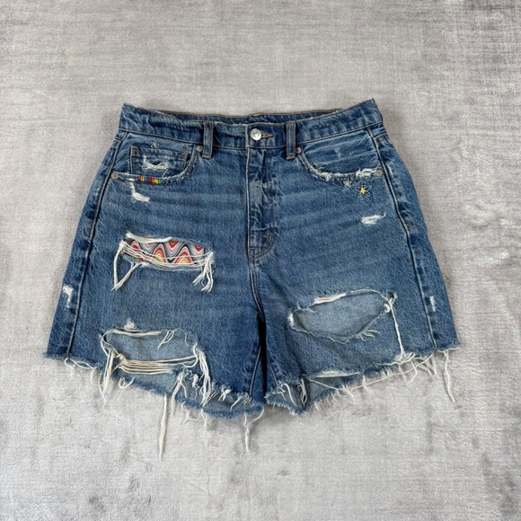 American Eagle Outfitters Pants - American Eagle Shorts Womens 6 Blue Baggy Distressed Rainbow Embroidered Denim